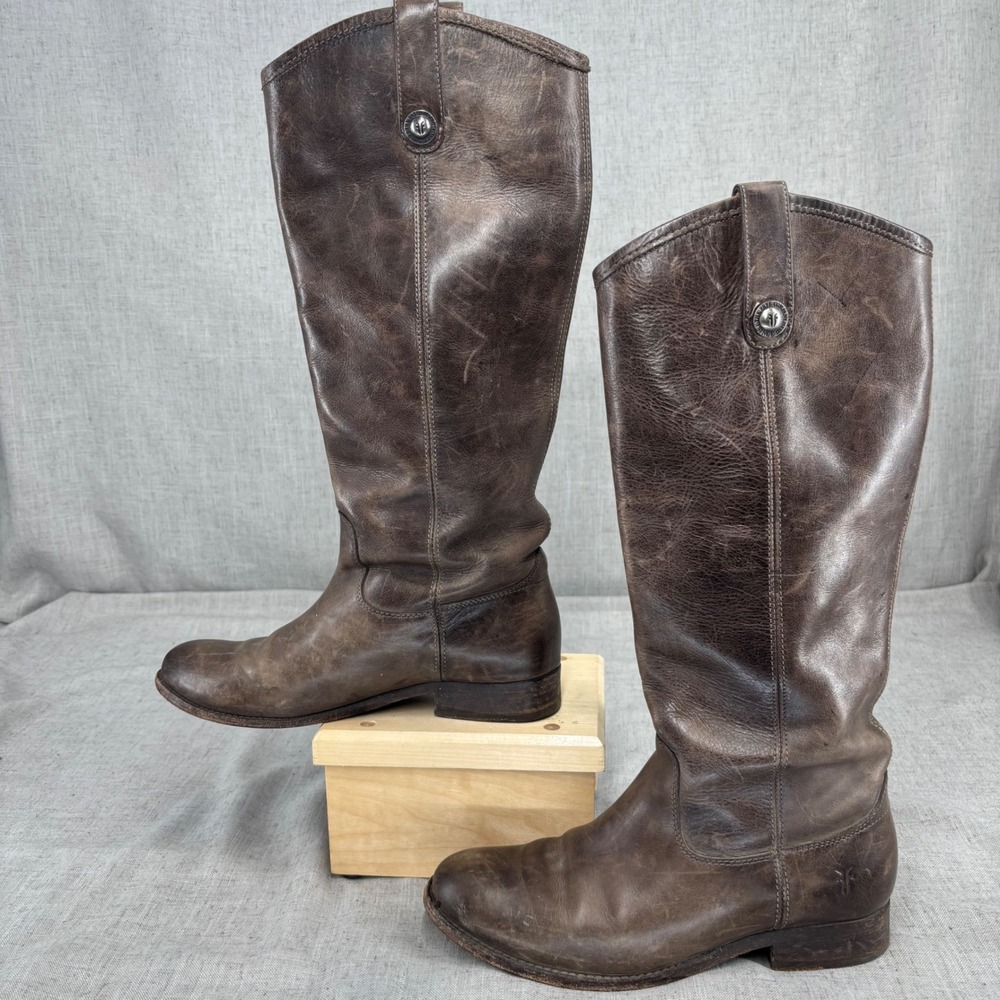 Frye Melissa Button Riding Boots Grey Taupe Leather Tall Pull On Women's 7.5 - Picture 2 of 10
